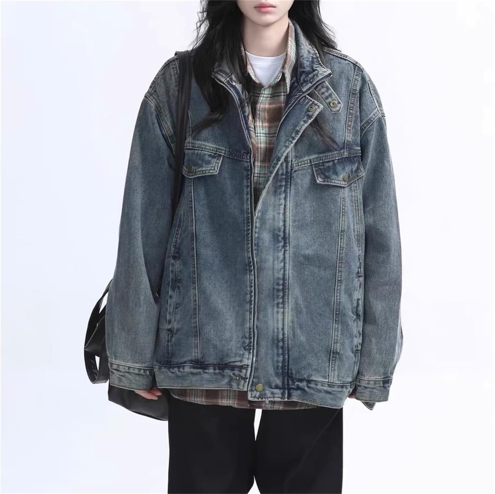 Chaqueta de mezclilla con cremallera para mujer, estilo vintage, estilo callejero, estilo camionero