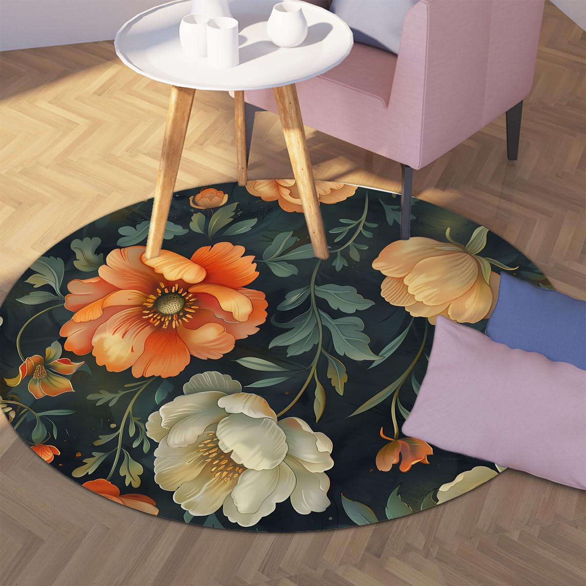 Blumen-Rundteppich 200cm Pfingstrosen-Blumenteppich fürs Wohnzimmer