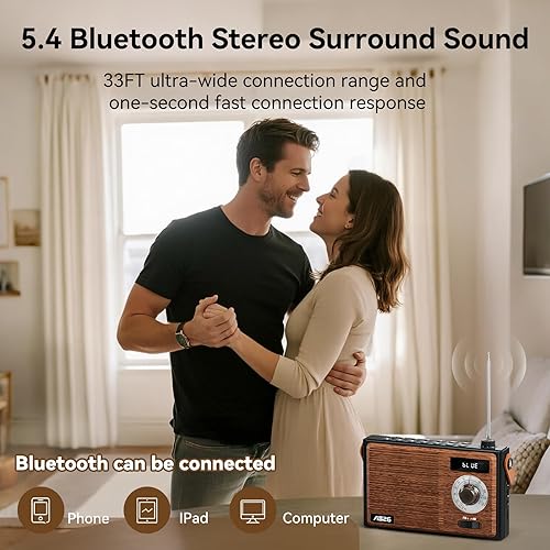 Vista 4 de AM FM Radio Portable Retro Bluetooth Speaker Support USB/TF/AUX Player, Vintage Wireless Radio with Digital Display , Retro Radios Battery Powered