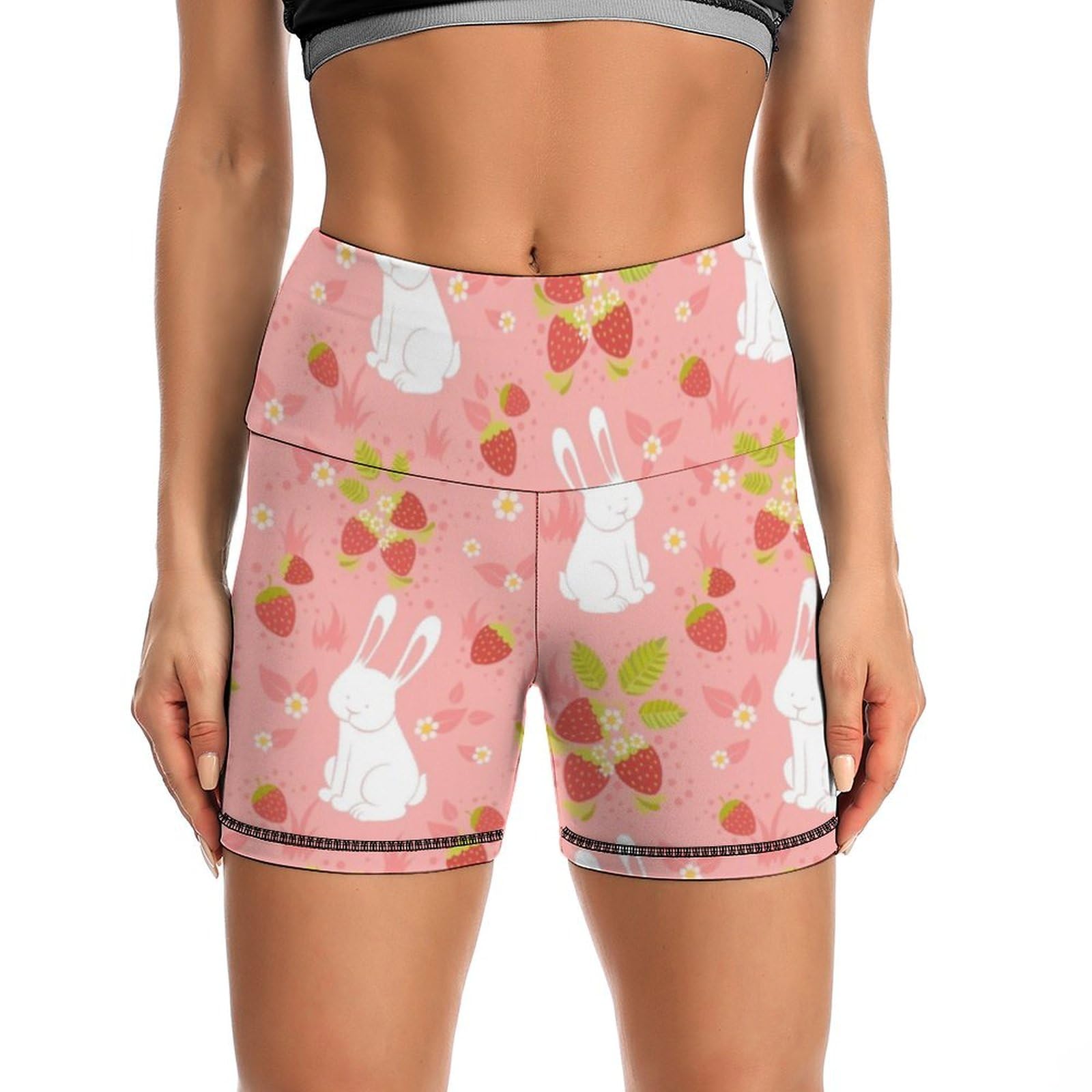 Cute Strawberry and Rabbit Bunny Pattern High Waist Yoga Shorts for Women Athletic Shorts Leggings Running Pants