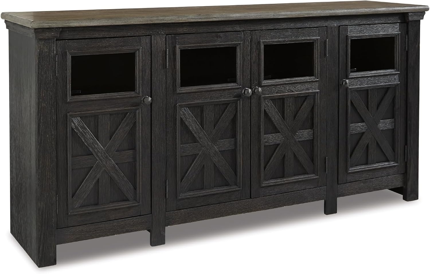 Signature Design by Ashley Tyler Creek Farmhouse TV Stand Fits TVs up to 72", 4 Glass Doors, 3 Adjustable Storage Shelves, Dark Gray