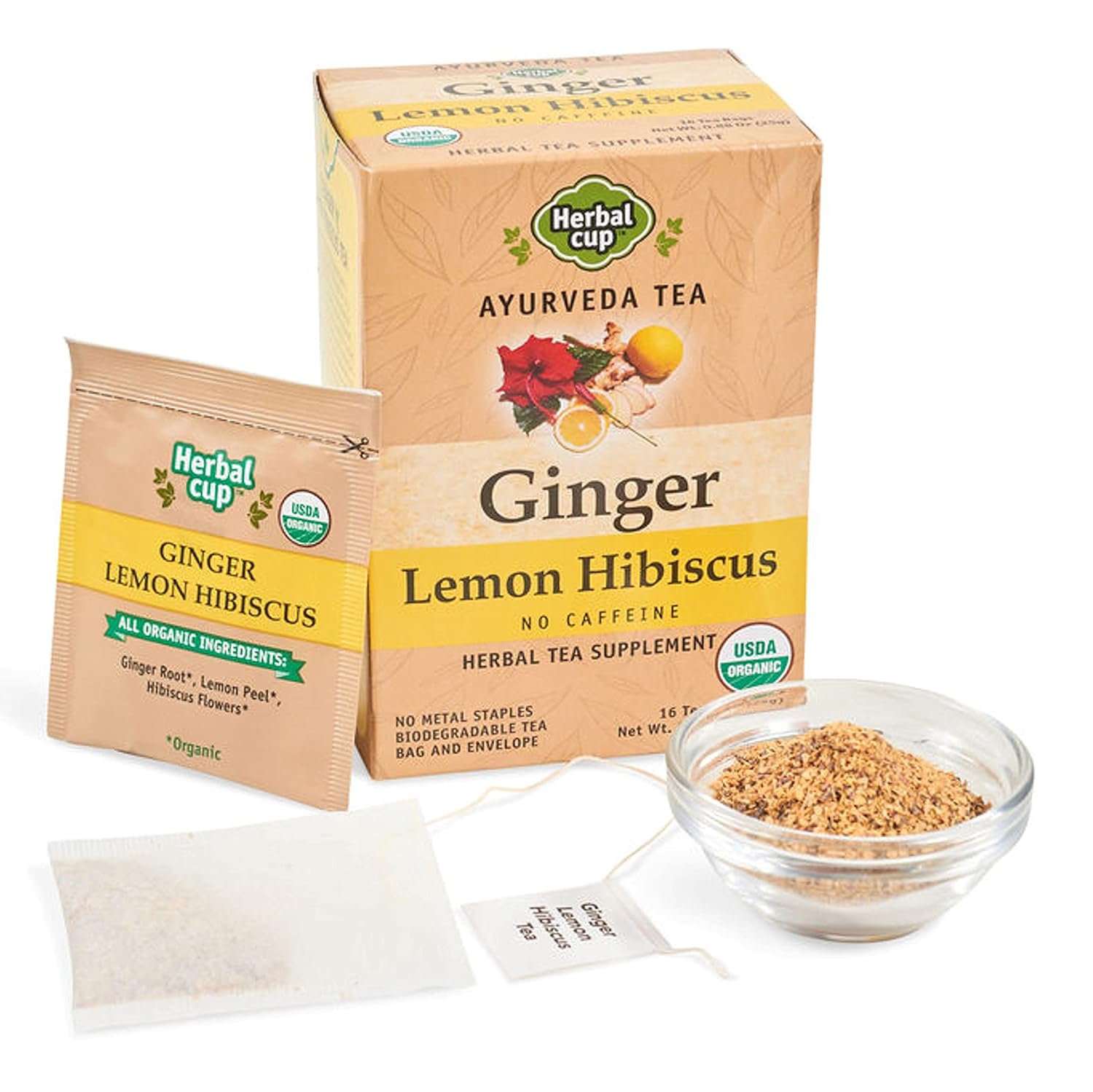 Herbal Cup Ayurveda Ginger Tea, No Caffeine Organic Herbal Teas (Organic Lemon Hibiscus, 16 Count (Pack of 6))