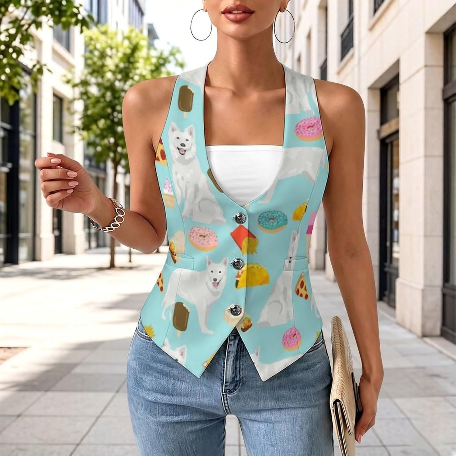 White German Shepherd Women's Suit Vest V Neck Button Down Waistcoat Jacket Business Casual Tops