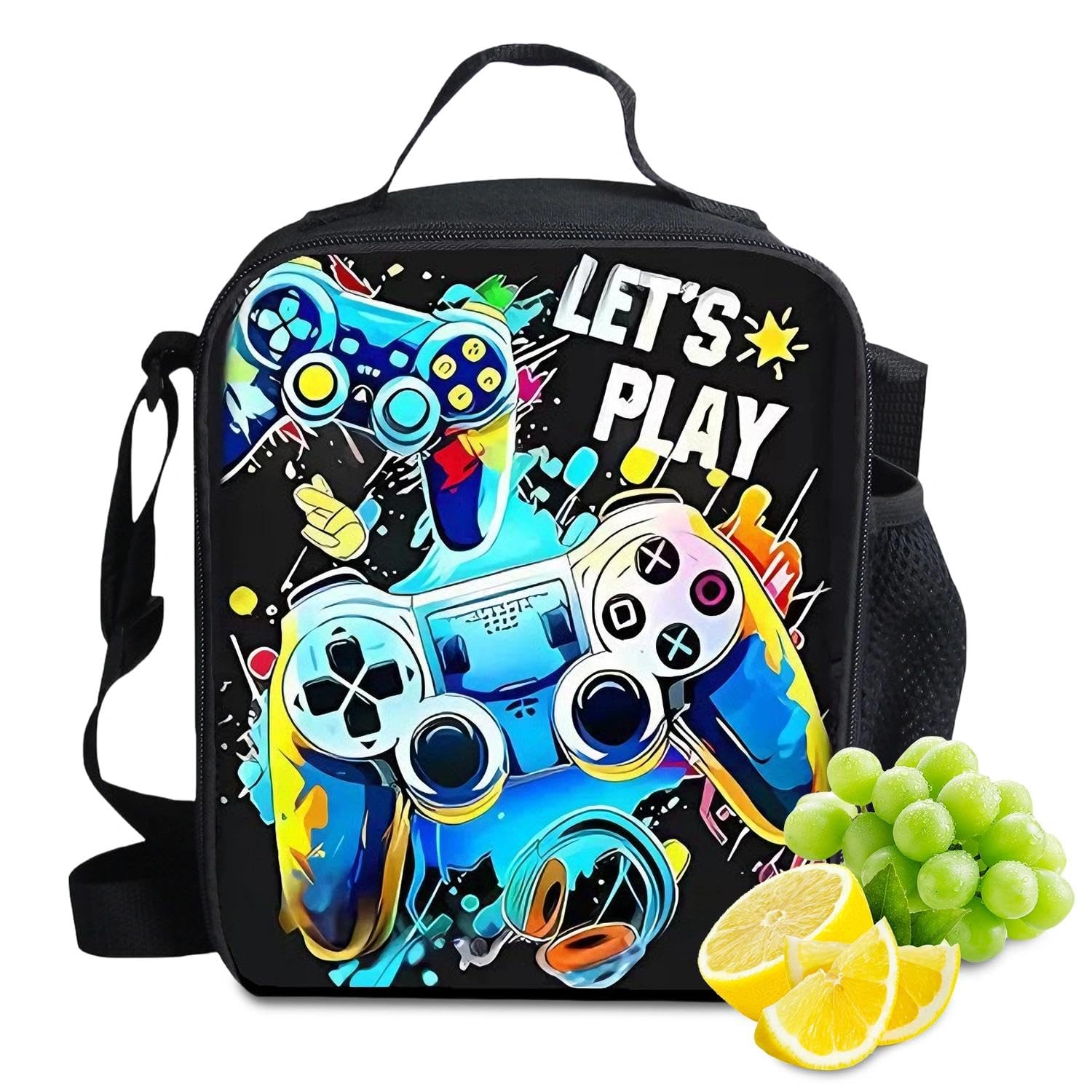 Gamer Lunch Bag Kids, Insulated Reusable Game LunchBag for Kids, Waterproof Polyester LunchBag Boys with Adjustable Shoulder Strap, Portable Packed Lunch Bag for School Travel Picnic Beach Hiking