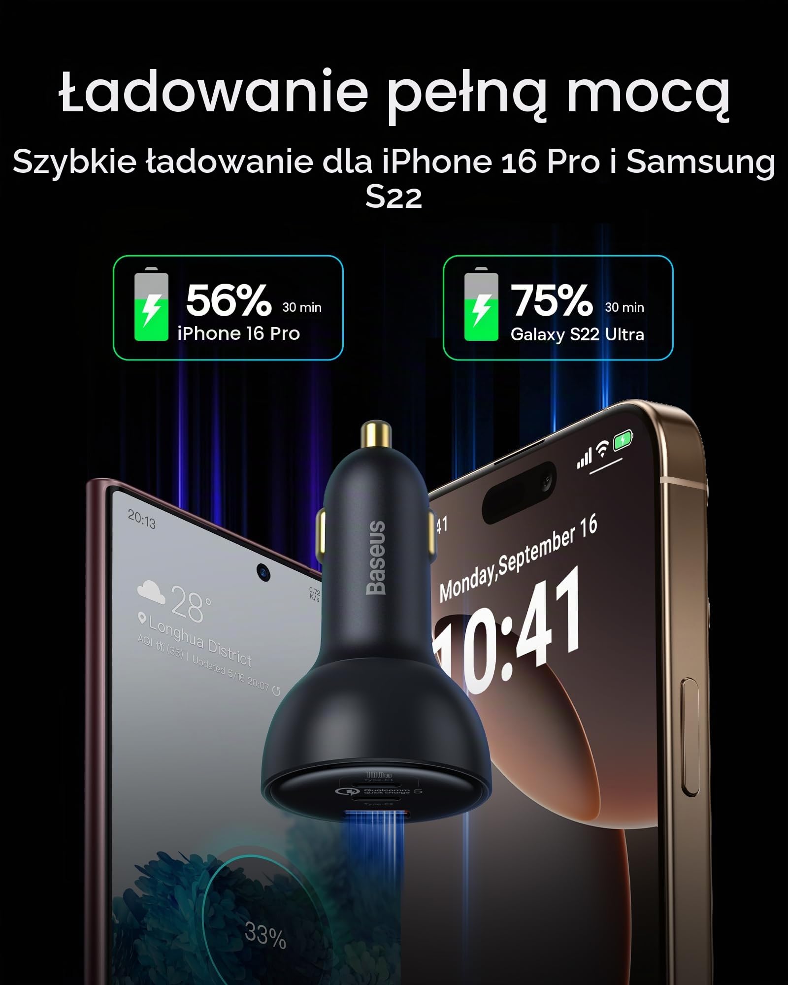 Baseus Ładowarka samochodowa USB C 160 W, QC5.0 PD3.0 100 W + 30 W + 30 W 3 porty Szybkie ładowanie Jednocześnie adapter ładowarki USB do zapalniczki samochodowej kompatybilny z Samsung, iPhone