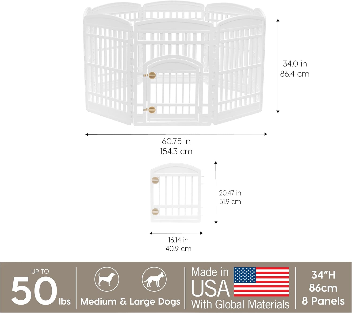 IRIS USA 34" 8-Panel Dog Playpen with Door, 63 x 63 x 35, Puppy Playpen, Dog Play Pen Indoors + Pee Pads for Dogs – Puppy Essentials, Quick Dry, Leak Proof 22" x 22", White