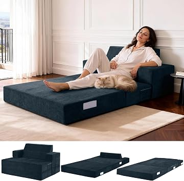 Folding Sofa Bed Single   Convertible Chair Bed with Pillow & Armrests, Foldable Futon Mattress with Angled Back Support, Boneless Sofa Bed for Living Room and Bedroom, Blue