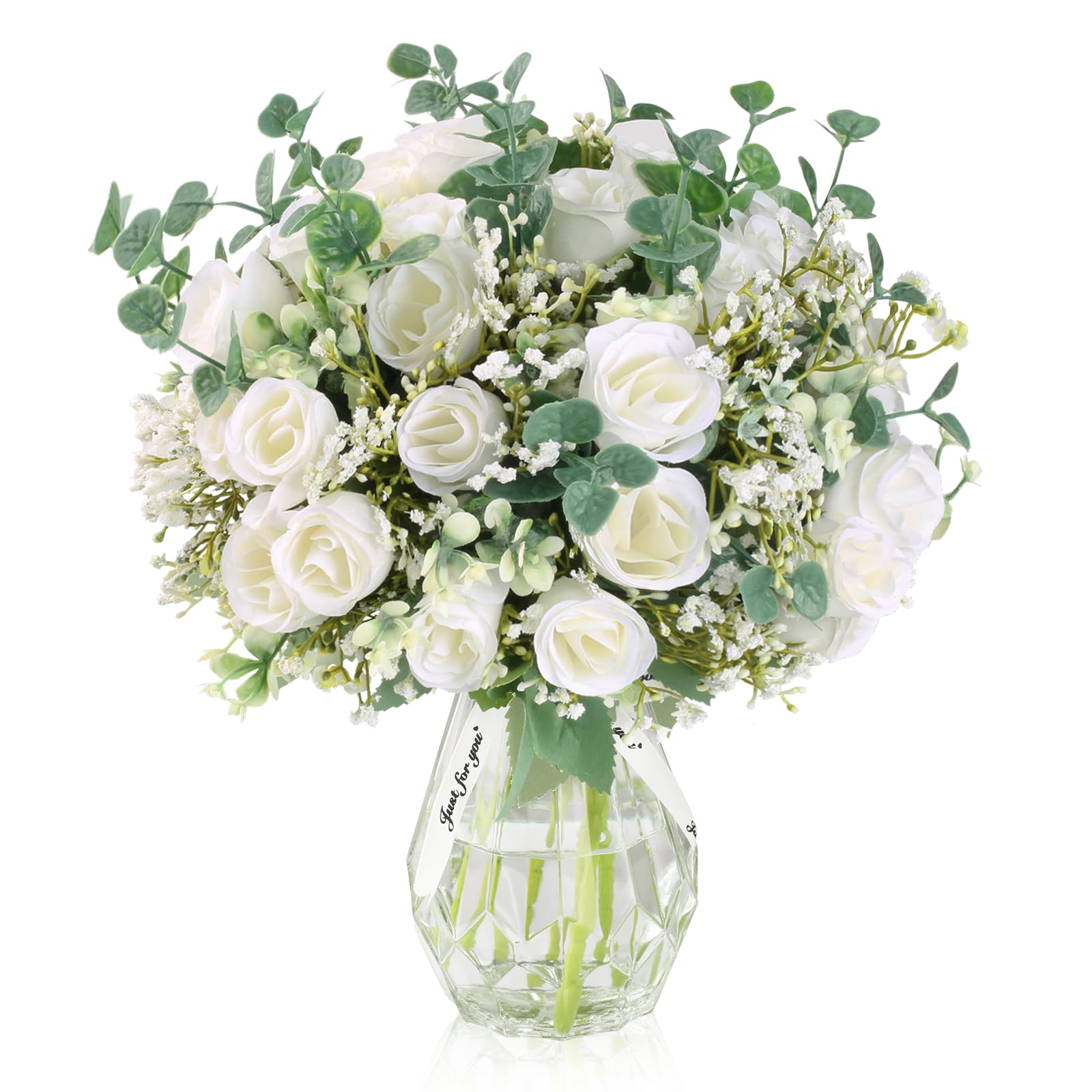 Faux Rose Flowers Babybreath Flower with Glass Vase for Farmhouse Home Decor, Artificial Silk Roses Flowers Bouquet Fake Plant Eucalyptus Flower in Vase for Home Living Room Dining Decor