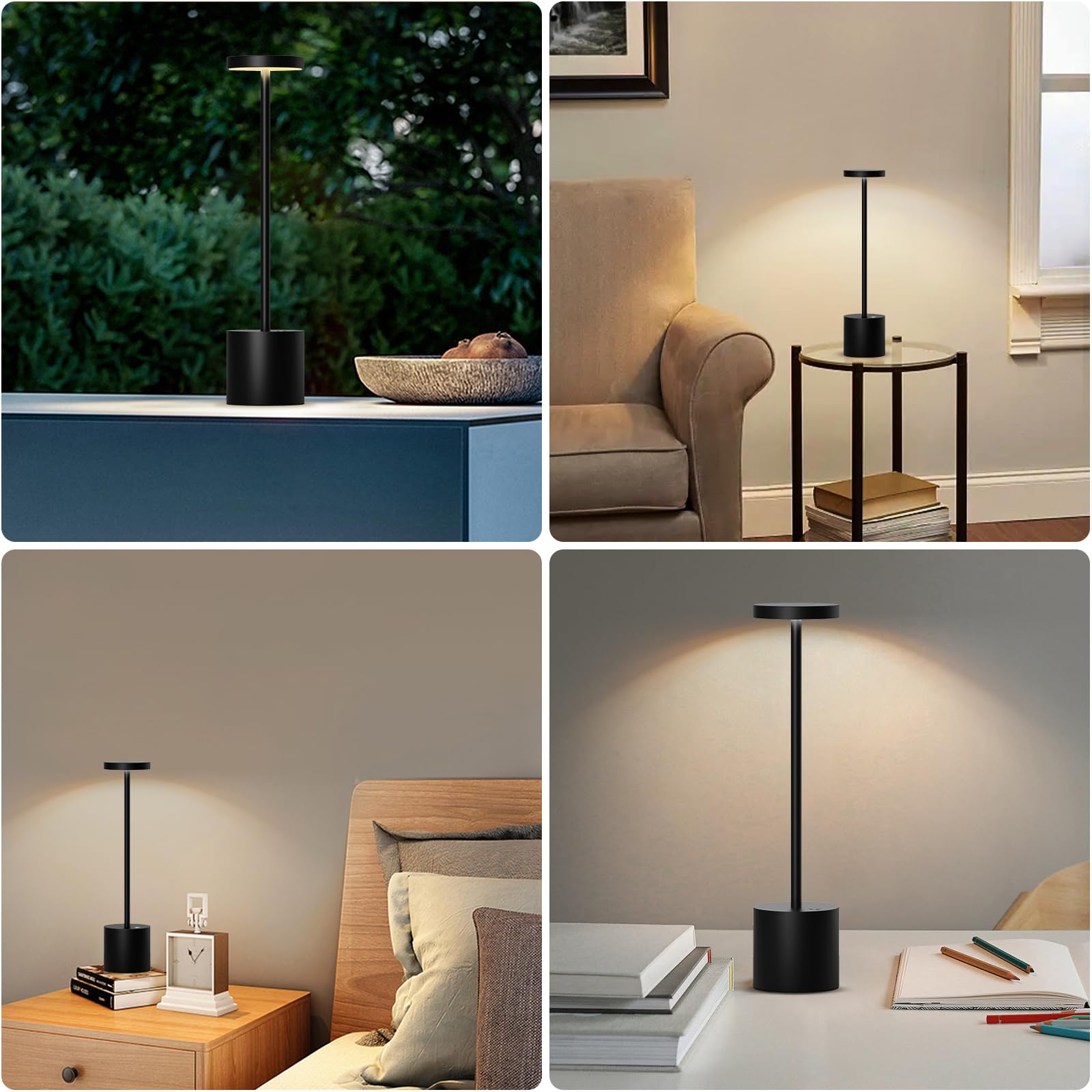 Lampada da tavolo senza fili, 5000 mAh, in metallo e alluminio, dimmerabile, lampada da tavolo, portatile, ricaricabile, USB, per interni ed esterni, sala da pranzo, bar, terrazza (2 Nero)