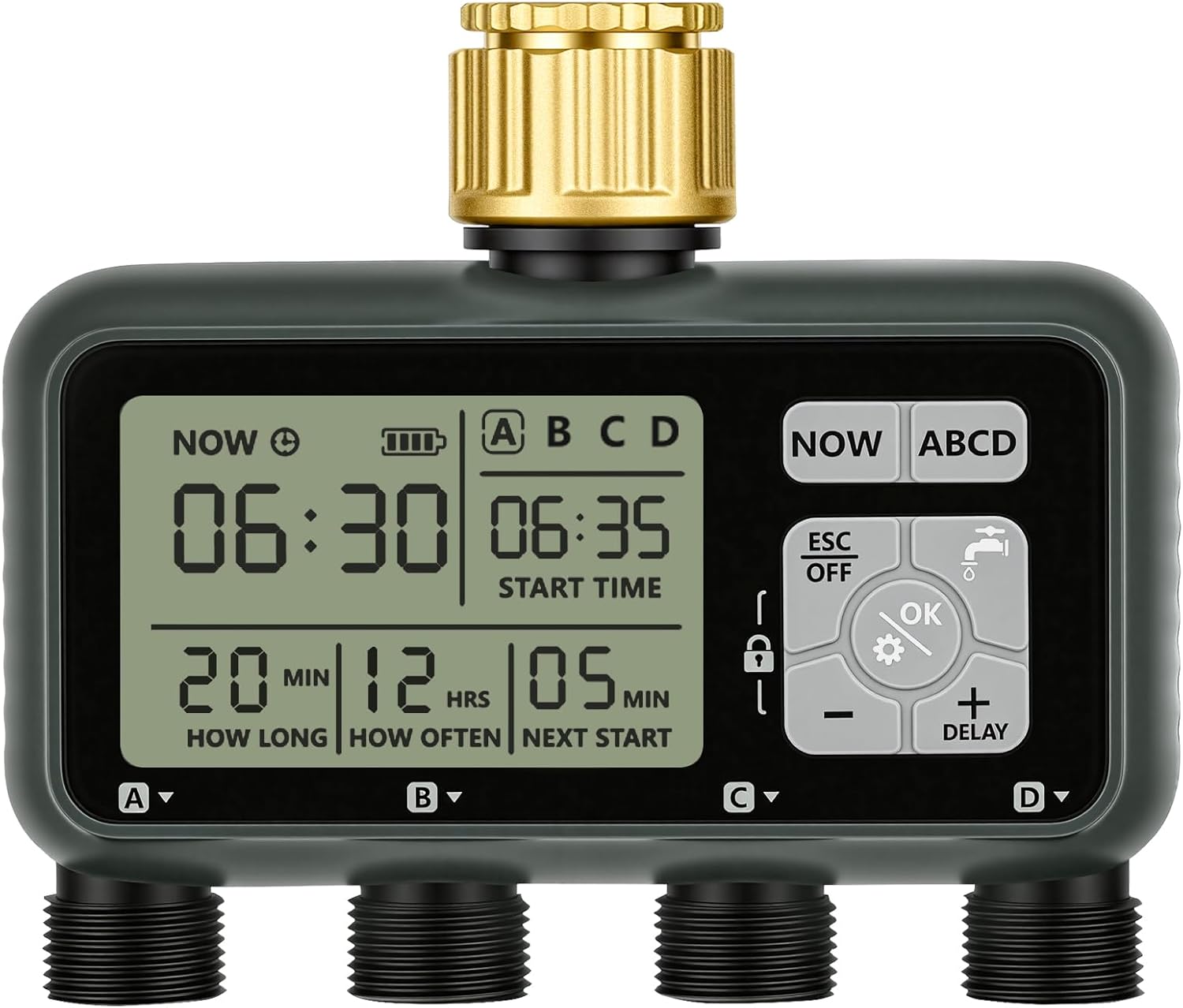 4 Zone Brass Sprinkler Timer, Garden Hose Timer, Automatic Irrigation System, Programmable Faucet, 4 Outlets, with Rain Delay, Manual Mode,Child Lock, for Yard, Garden, Lawn, Green E14WT06