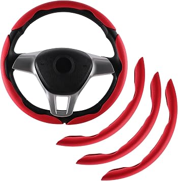 Amiss Nappa Leather Steering Wheel Cover, 3PCS Segmented Steering Wheel Protector, Universal 99% Car Wheel Cover Protector Red