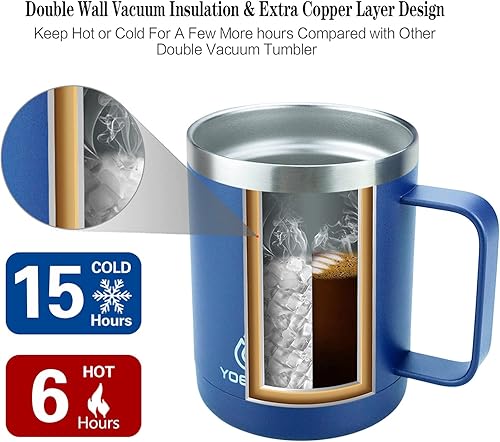 Miniatura 2 de yoelike Taza de café de 14 onzas con asa y tapa, acero inoxidable aislado al vacío, apta para lavavajillas, recubrimiento en polvo, taza de viaje,