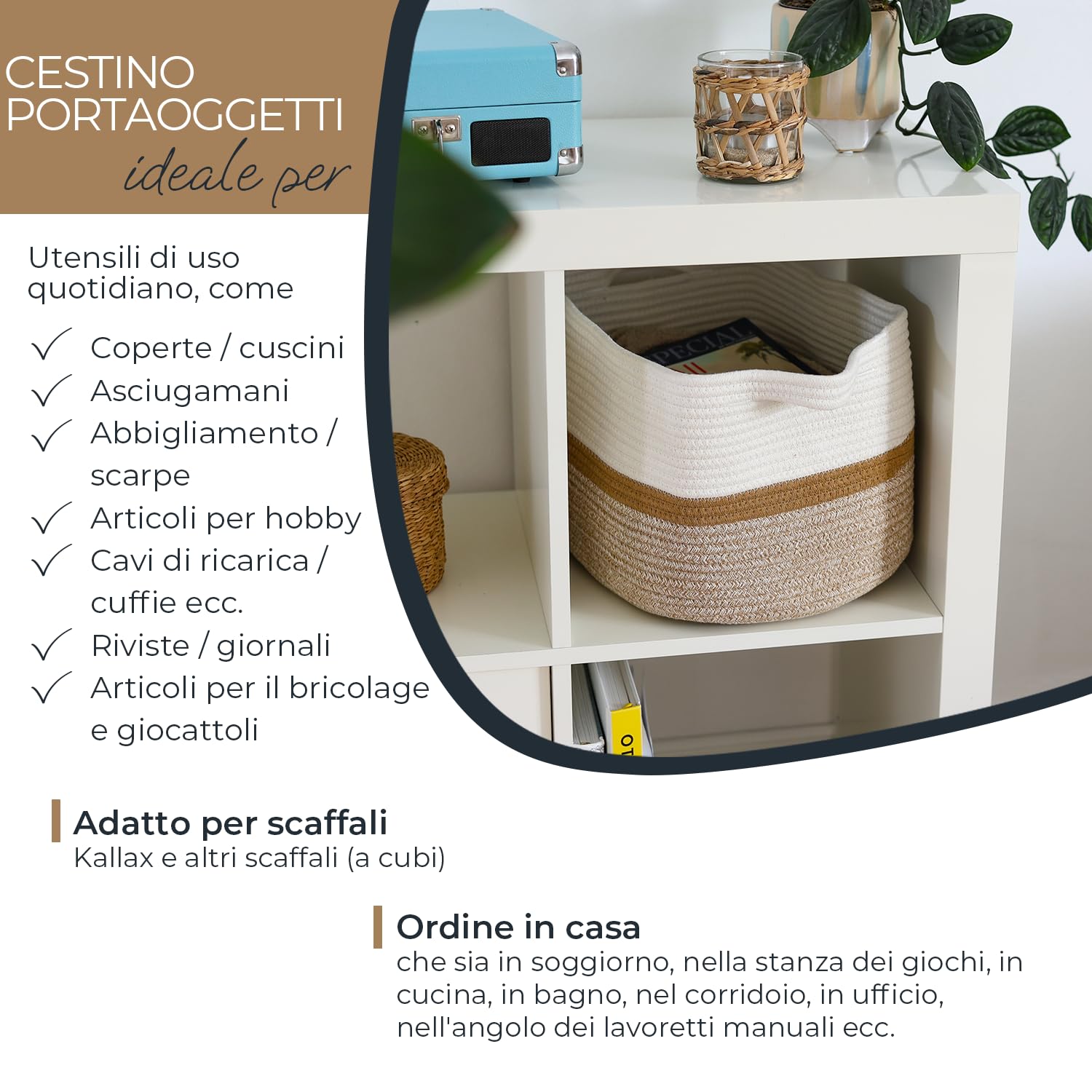 Cestino portaoggetti HMF con manici allungati, cestino in cotone | 36 x 30 x 25 cm | Bianco-Marrone