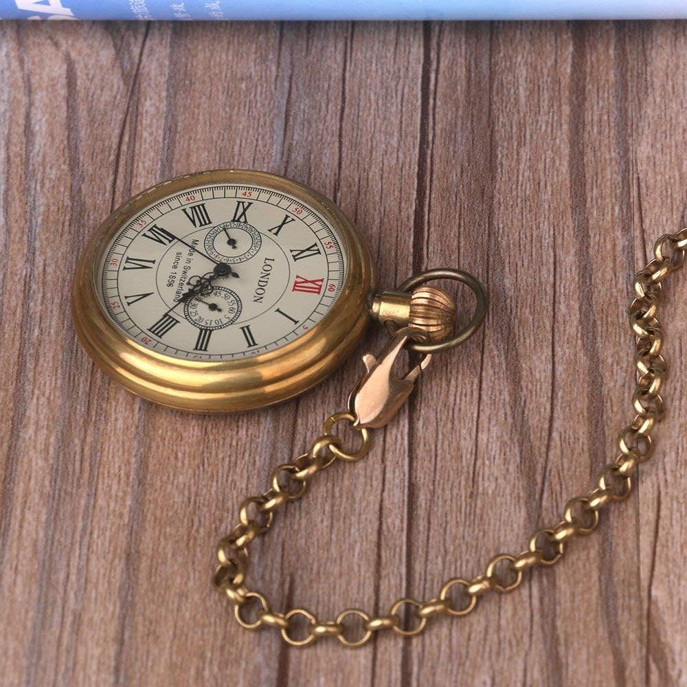 Tiong Vintage Copper Stainless Steel London Design Mechanical Hand-Wind Pocket Watch Mens Watches