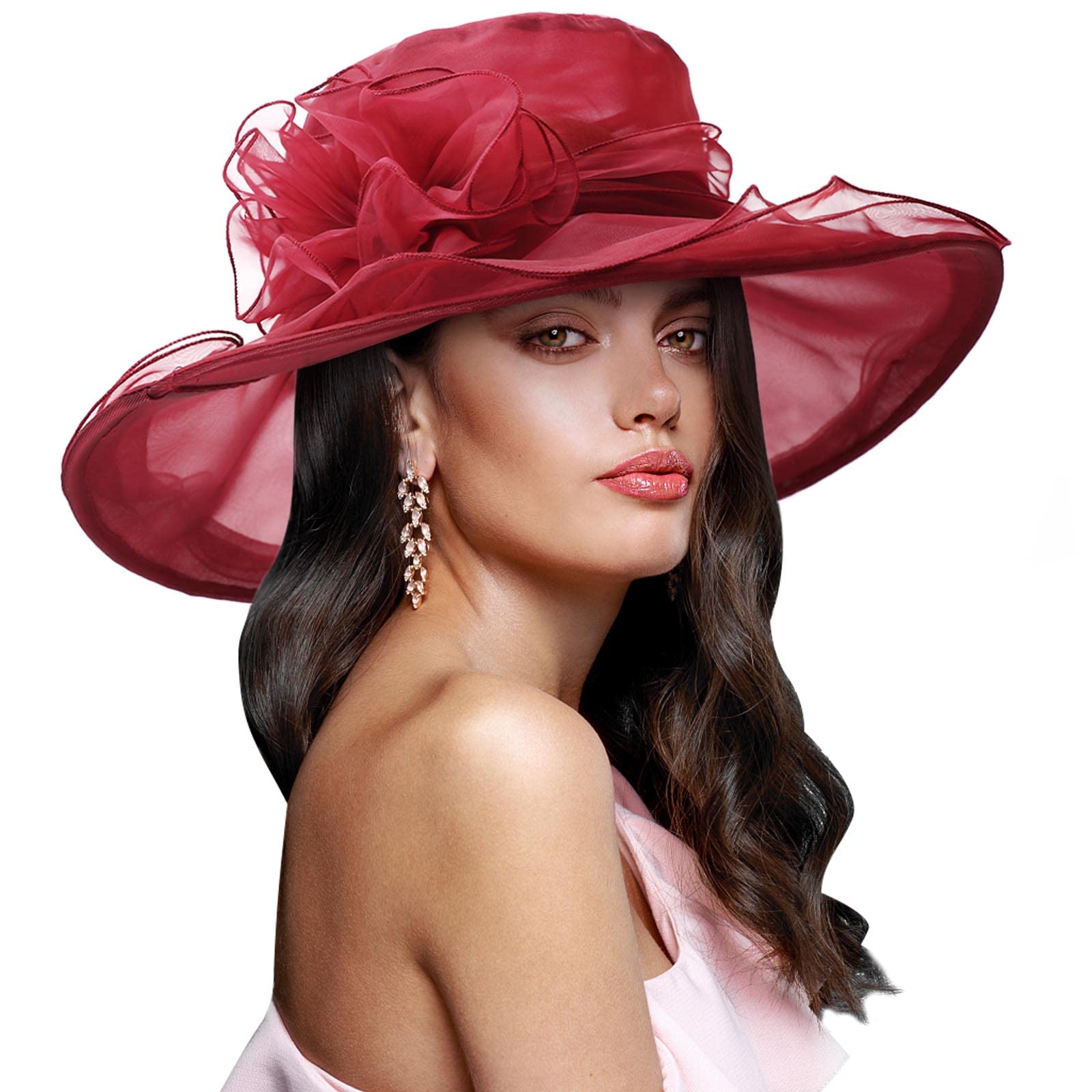 DRESHOW Women Organza Hat Church Cap Hats Cocktail Tea Party Wedding Bridal Flower Hat with Wide Brim