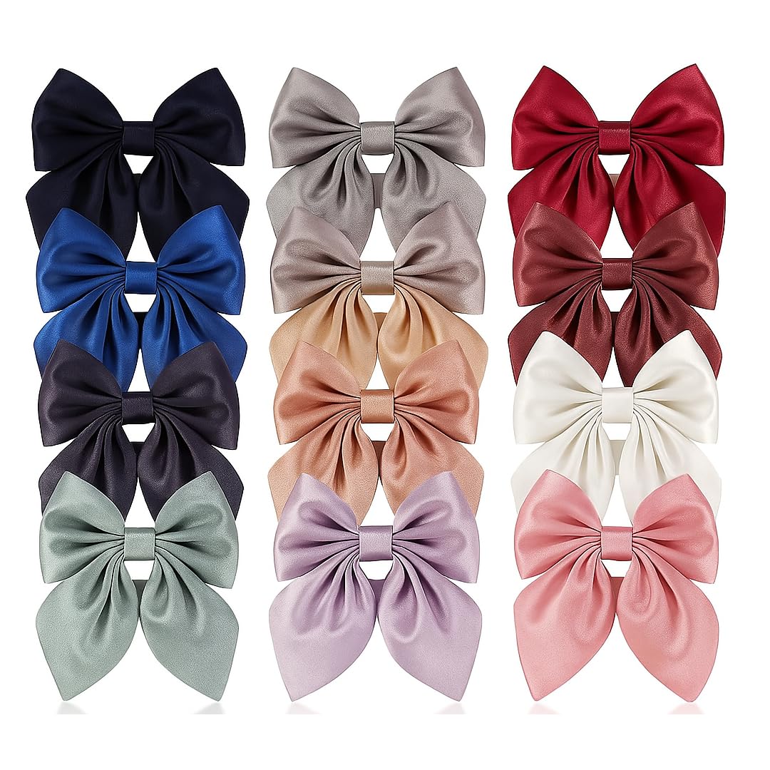 Saavi Beauty Products Premium Large Satin Silk Hair Bow Clips Solid Color Big Bowknot Barrettes Hair Accessories For Girls/Women/Ladies (6 Pcs, Assorted)