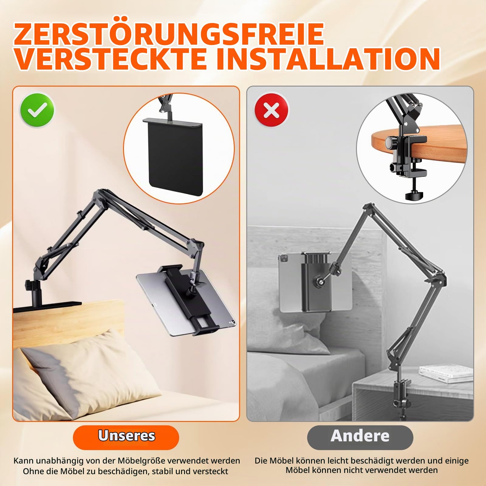Hand Frei Tabletstablet Halterung für Bett mit Verstellbar Langen Arm - Faltbar Metall Ständer für Kindle, Tablets, iPad und Handy, Verstecktes Design, Keine Schäden an Möbeln (NB-35D)