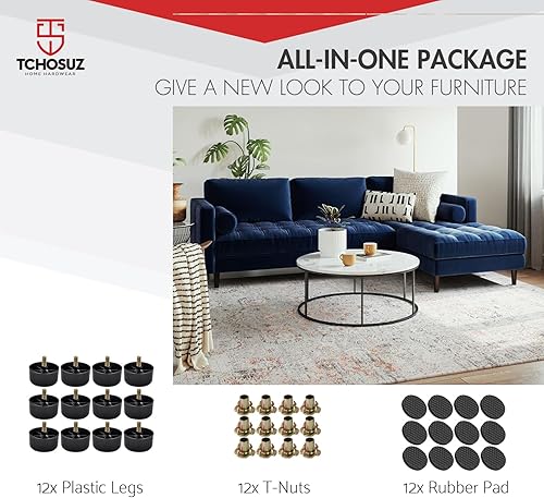 Miniatura 6 de Patas de plástico de 1.2 pulgadas para muebles, paquete de 12 patas de repuesto cónicas de plástico moderno de mediados de siglo con pernos de