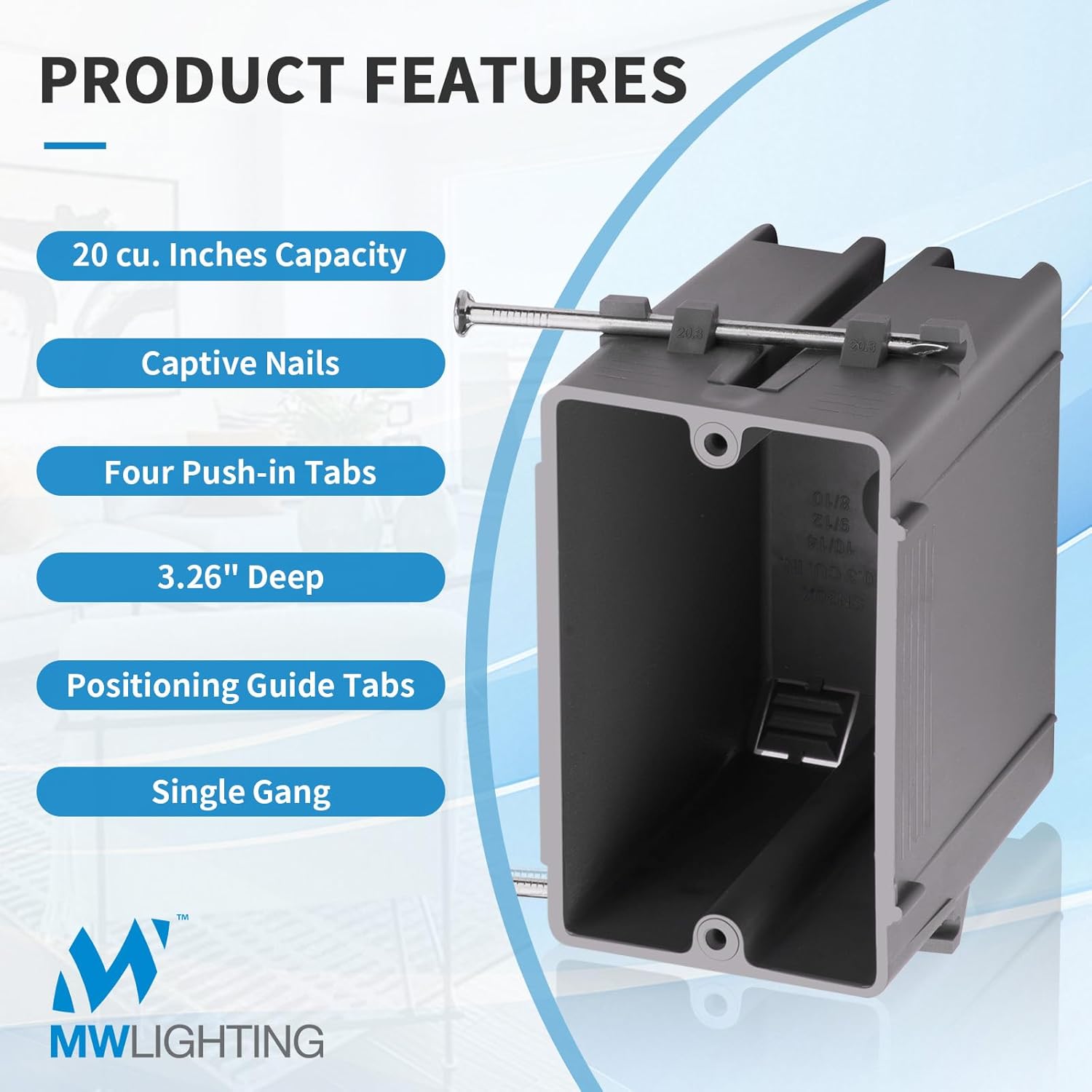 50 PK 1-Gang PVC New Work Electrical Nail Outlet Box, 20 Cubic Inch Switch Box, ETL Listed to UL514C and UL263, 2 Hour Fire Rating New Work Box, Gray