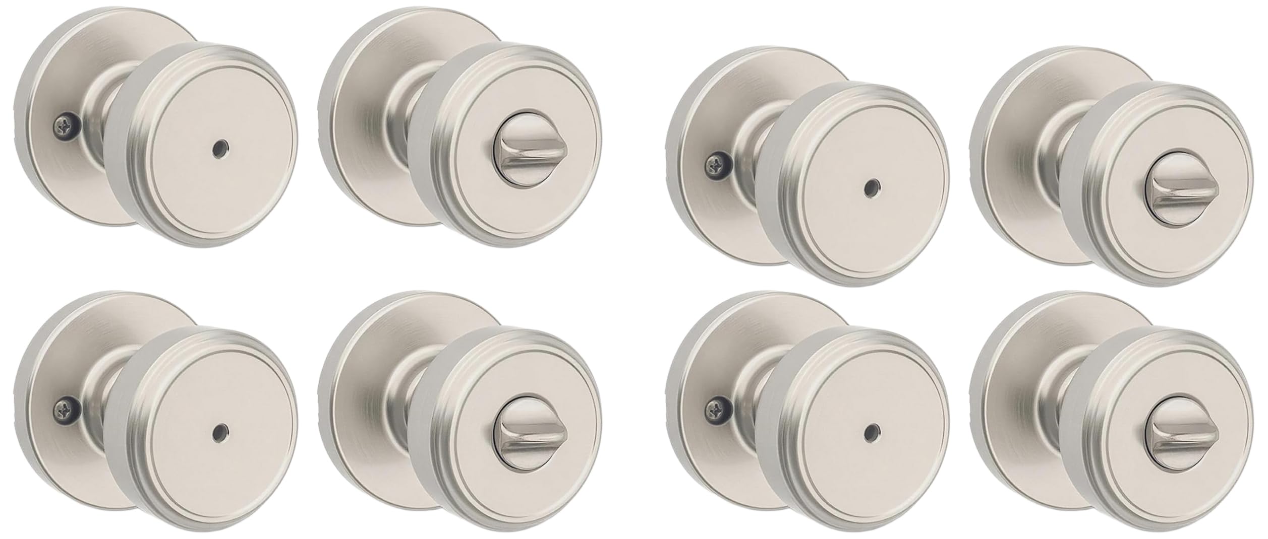 Kwikset Maven Interior Privacy Door Knob with Lock, Round Door Handle for Bathroom and Bedroom, Satin Nickel Keyless Turn Lock Doorknob, with Microban Protection (Pack of 4)
