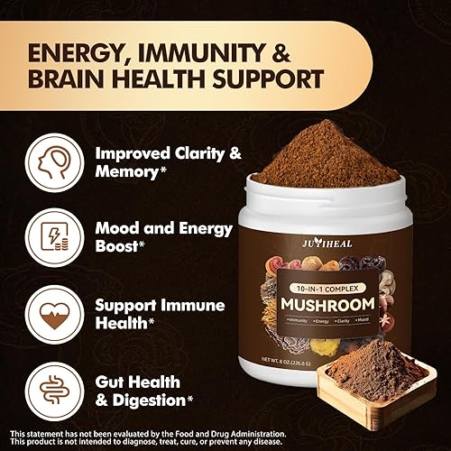 Miniatura 3 de Polvo de hongos 10 en 1, complejo de hongos, melena de león, reishi, shiitake, chaga, cola de pavo, cordyceps, maitake y más, suplemento de hongos