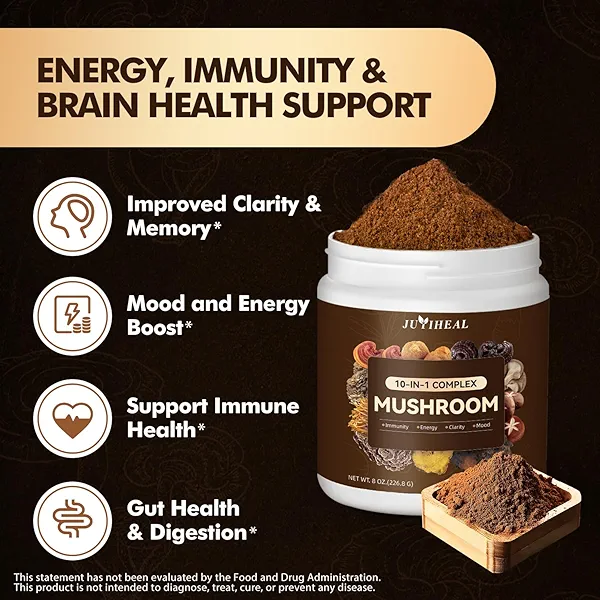 10-in-1 Mushroom Powder, Mushroom Complex - Lions Mane, Reishi, Shiitake, Chaga, Turkey Tail, Cordyceps, Maitake & More, Mushroom Supplement Powder for Energy, Memory, Focus & Immune Support 8oz