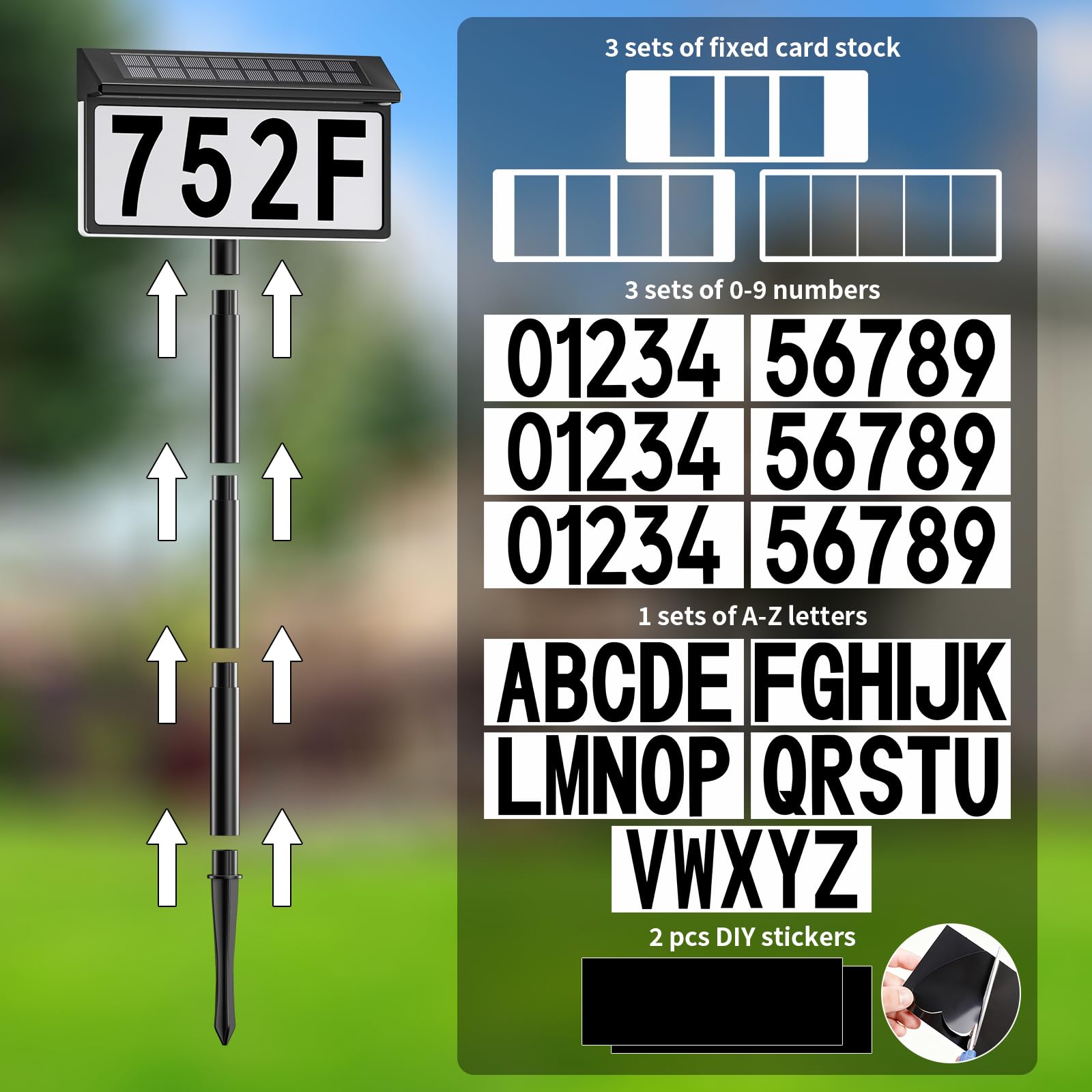 Solar-Adressschild, solarbeleuchtete Hausnummern für draußen, 8 Beleuchtungsmodi, RGB-Farbwechsel, wasserdicht, beleuchtet, Hausnummernschild mit Pfahl, Wandmontage oder im Boden, Solar-Adressnummern