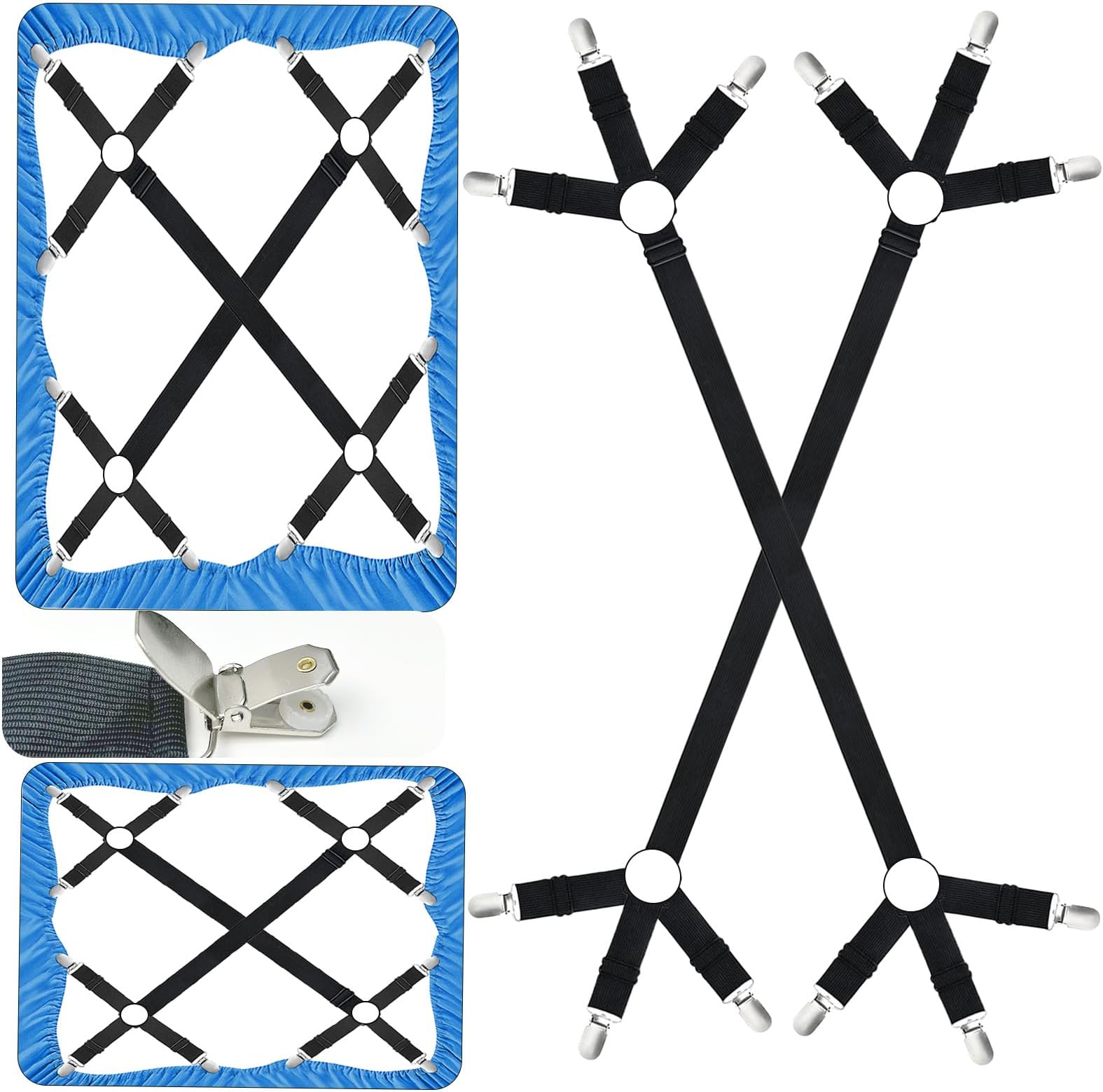 2 Pcs Fitted Heavy Duty Bed Sheet Clips for Bedding, Adjustable Bed Sheet Straps for Corners Keep Sheets Firm & Tight in Place, Universal Bed Sheet Clips Keeping Sheets Place, Sheet Suspenders