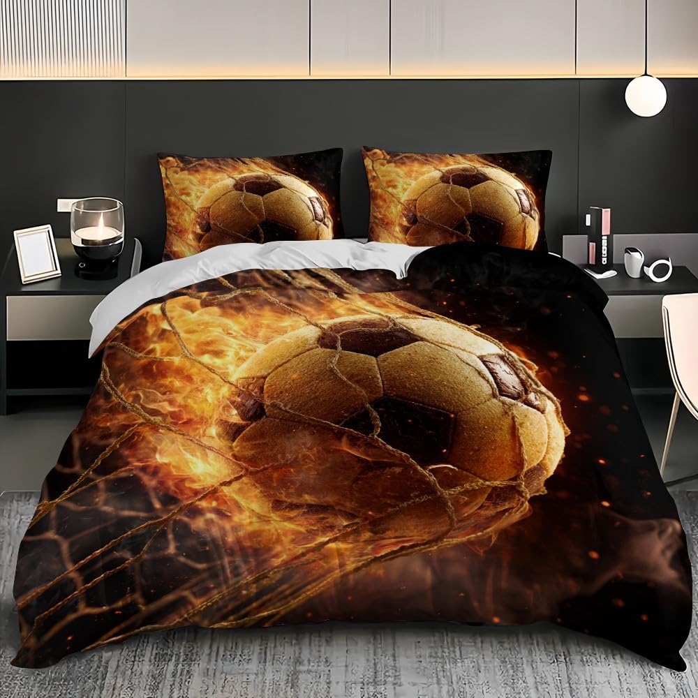 Nastolatki Dzieci Poszwa na kołdrę 3 sztuki 260x240 cm Płomień Sport Piłka nożna Mikrofibra Łatwa pielęgnacja Odporny na gniecenie Ciemny Komplet pościeli Przynieś 2 poszewki na poduszki 65x65 cm