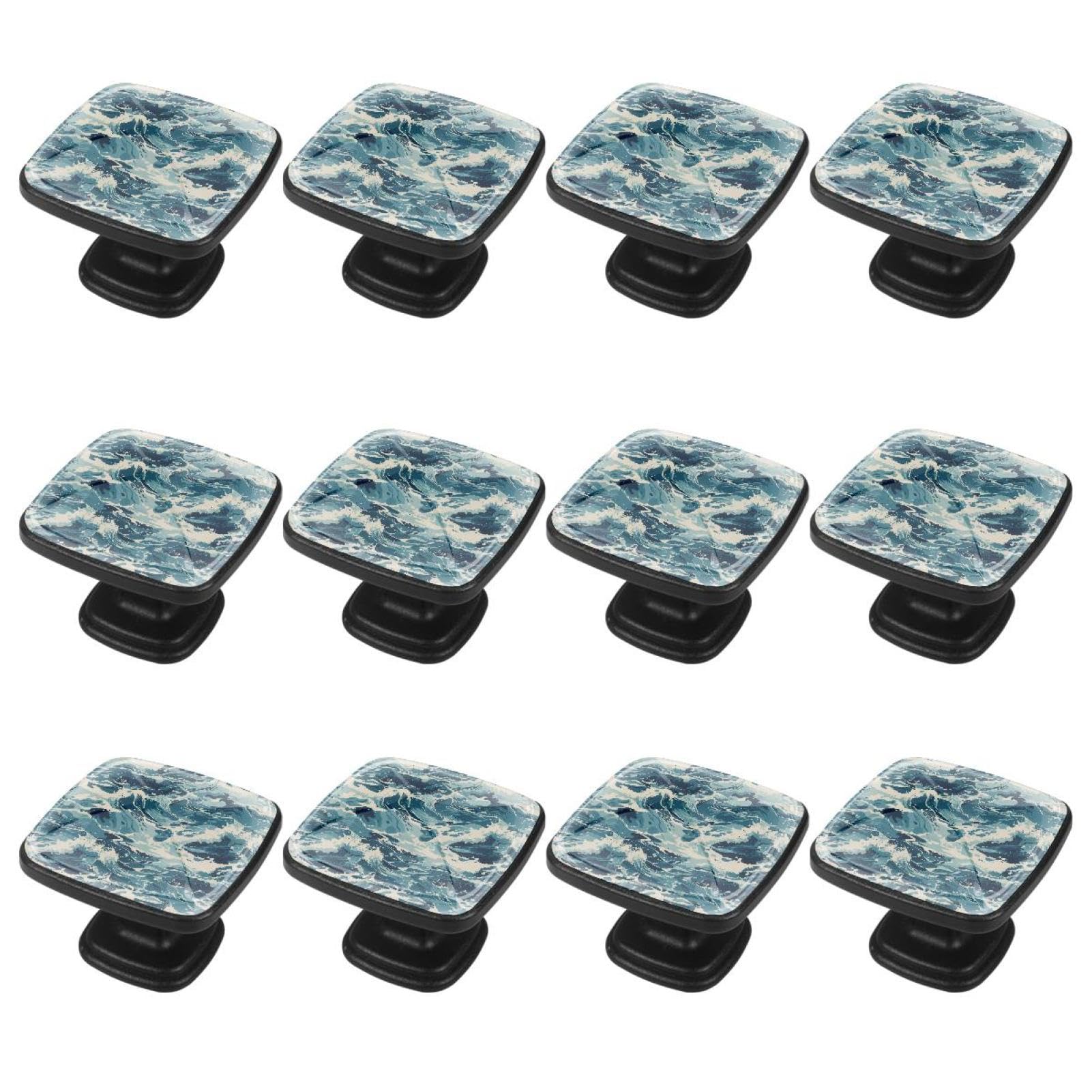 IROLSKDNFH 12 Pieces Ocean Waves Glass Knobs for Dresser Drawers, 1.37 x 1.10 in Square Kitchen Cabinet Pulls for Home Office Nursery Kids Room