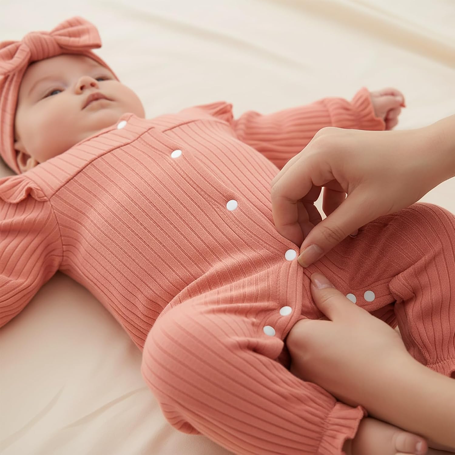 Newborn Baby Girl Fall Winter Romper Long Sleeves Ribbed One-Piece Outfits with Headband Coming Home Jumpsuit - Image 3
