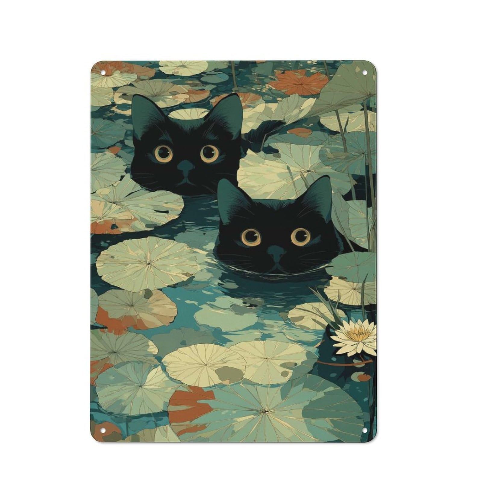 Junmoney Style Cats In A Lily Pond Cafe Metal Sign 40X30cm, Bistro Bistro Wall Plaque For Coffee Bar, Small Shop Or Dining Room
