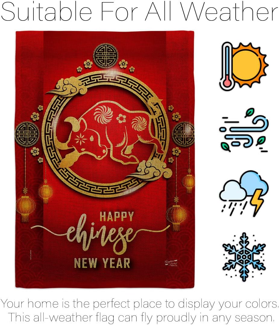Ox New Year Burlap Garden Flag Set Wall Holder Winter Lunar Good Luck Prosperous Seasonal Arrival Blessing House Decoration Banner Small Yard Gift Double-Sided, Made in USA