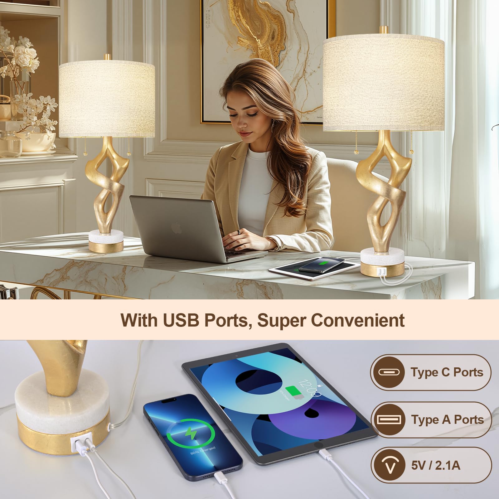Scenekoy Set di 2 lampade da tavolo scultoree con porte USB per camera da letto soggiorno 66 pollici foglia oro base marmo lampade da comodino interruttore catena moderno per