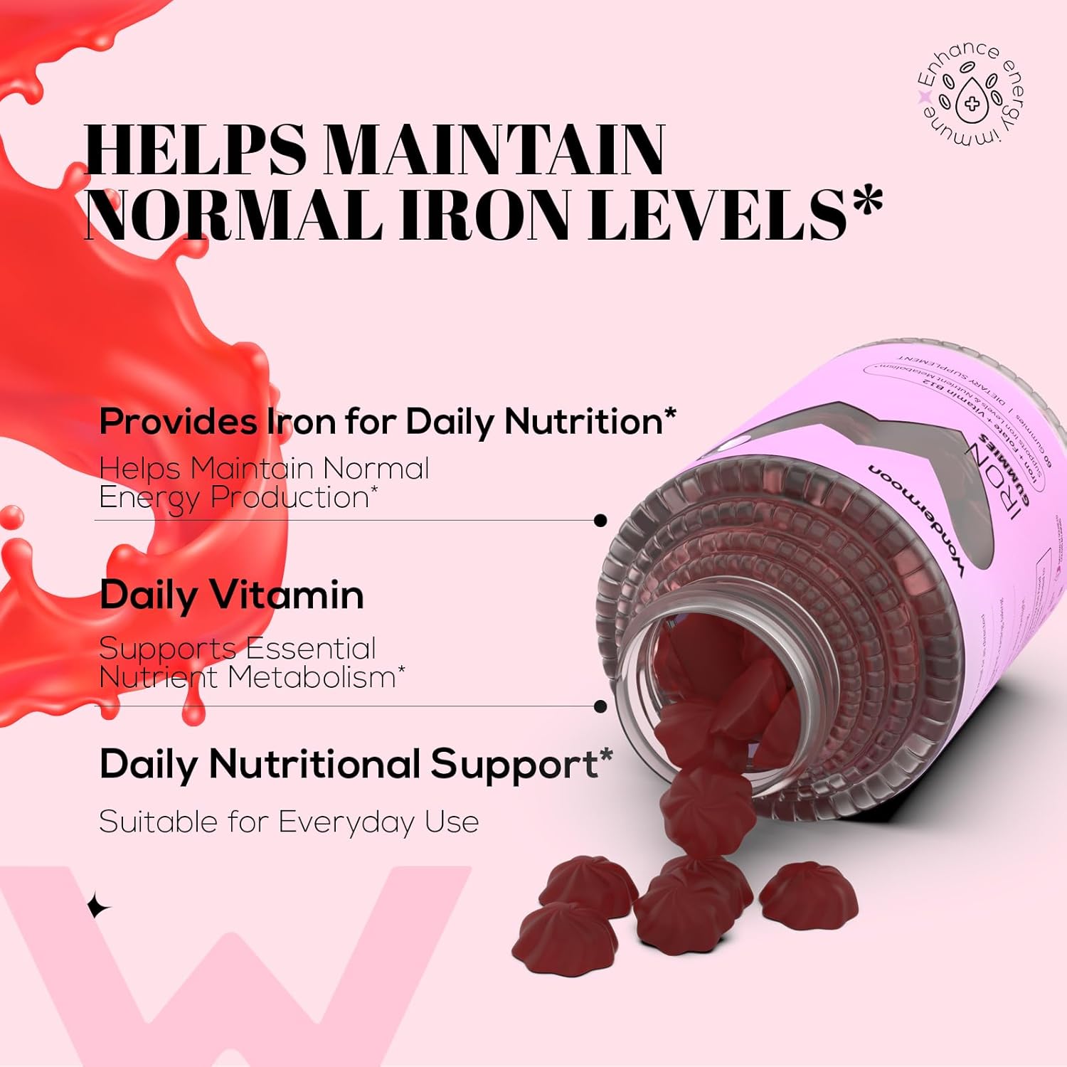 Wondermoon Iron Gummies for Women with Vitamin C, Chewable Iron Supplement with B12 & Folate, Cherry Flavor, 60 Gummies