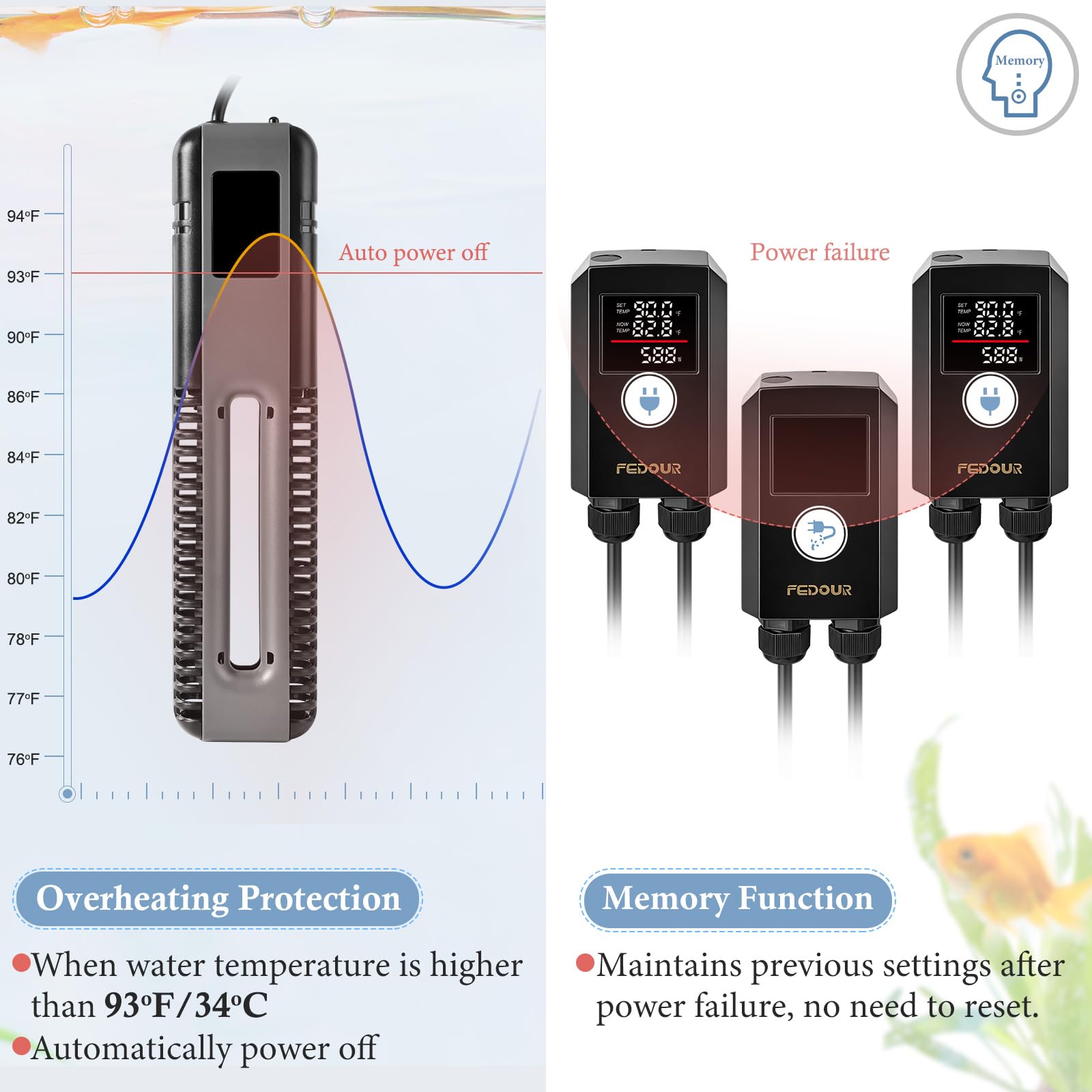 FEDOUR Calentador de acuario de titanio de 600 W y 800 W con controlador digital, calentador de acuario sumergible con protección contra sobrecalentamiento, para tanque de peces y tortugas de hasta