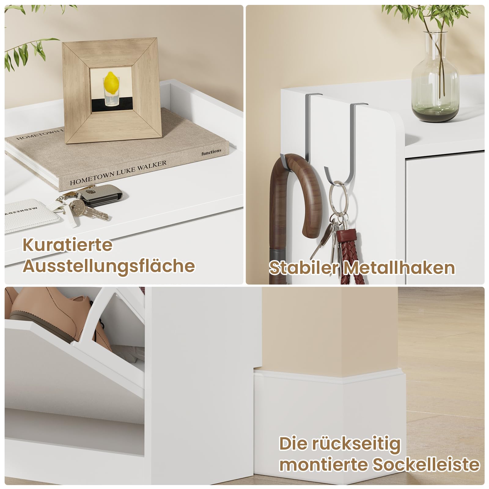 Asgolion Schuhschrank 3 Klappen, Schuhregal, Trennwand verstellbar,Schuhaufbewahrung, Schuhschrank Holz für den Eingang, Flur, Wohnzimmer, 60 x 22.5 x 120 cm, weiß