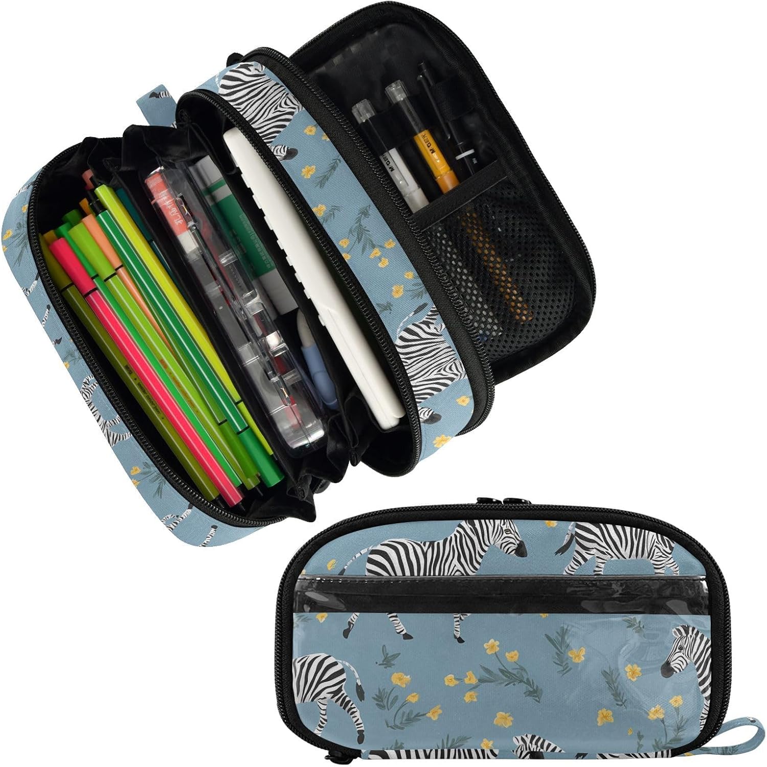 ALAZA Zebra Flowers Pattern Large Capacity Pencil Case, Aesthetic Stationery Organizer Bag with Clear PVC Window, High Capacity Pen Pouch with Dividers for School Office Travel image 2