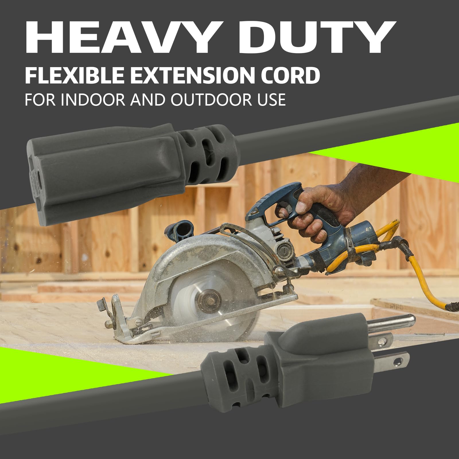Cable de extensión para exteriores de 10 pies, 12/3 SJTW, cable de extensión gris resistente con enchufe de tierra de 3 clavijas, cable de alimentación para césped, jardín, electrodomésticos