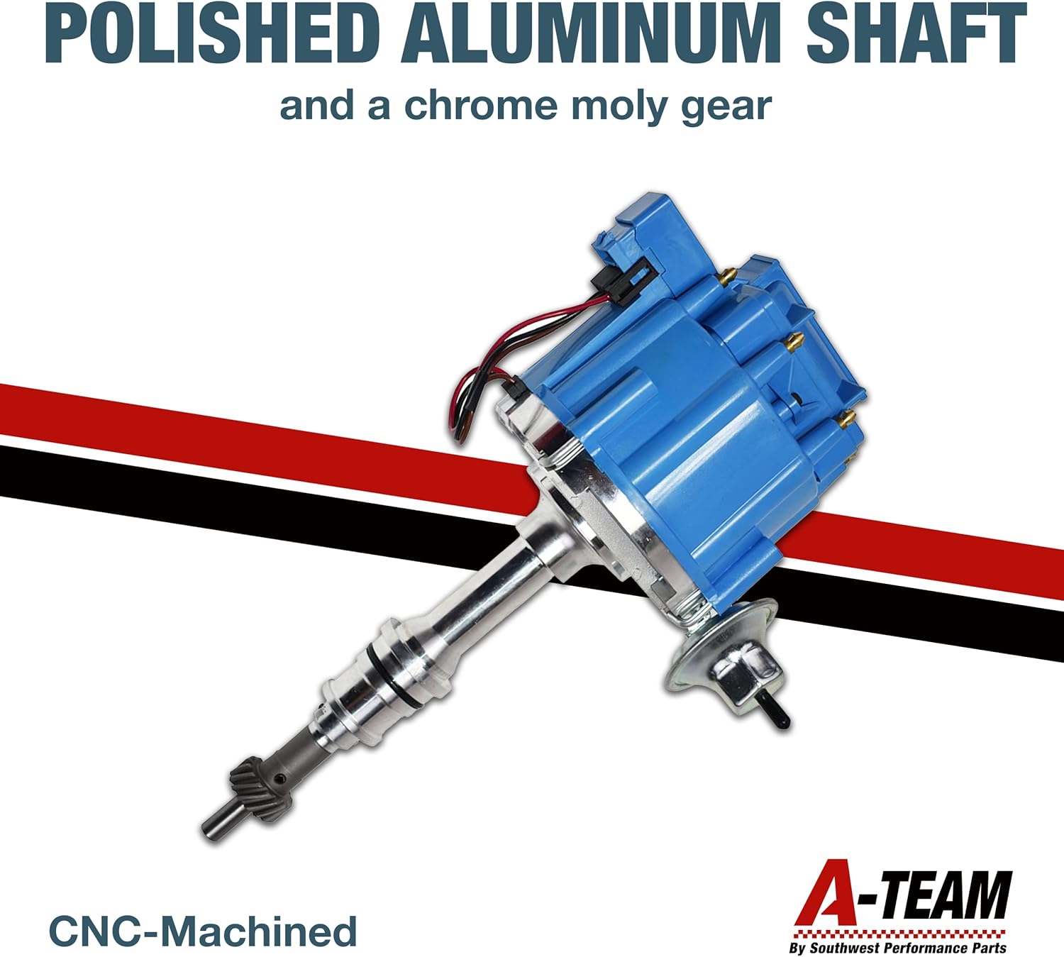 A-Team Performance HEI Electronic Distributor - 65K Spark & Performance Coil - One Wire Installation & Compatible with Ford 260/289/302/5.0 V8 - Blue Distributor Cap & CNC Aluminum Shaft - Pack of 1