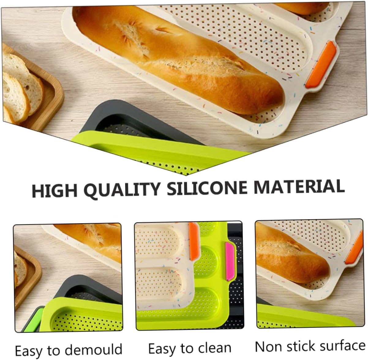 Cabilock French Bread Silicone Mold 3 Grid Open Hole White for Baking