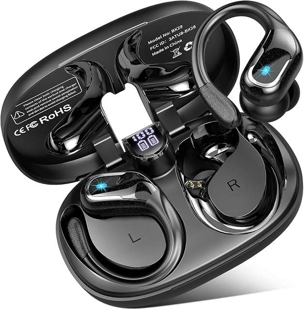 Wireless Earbuds, Bluetooth 5.4 Headphones Sport, 75H Stereo Ear Buds, Bluetooth Earbuds with 4 ENC Noise Canceling Mic, IP7 Waterproof Earphone with Earhooks, Dual LED Display, for Running/Workout