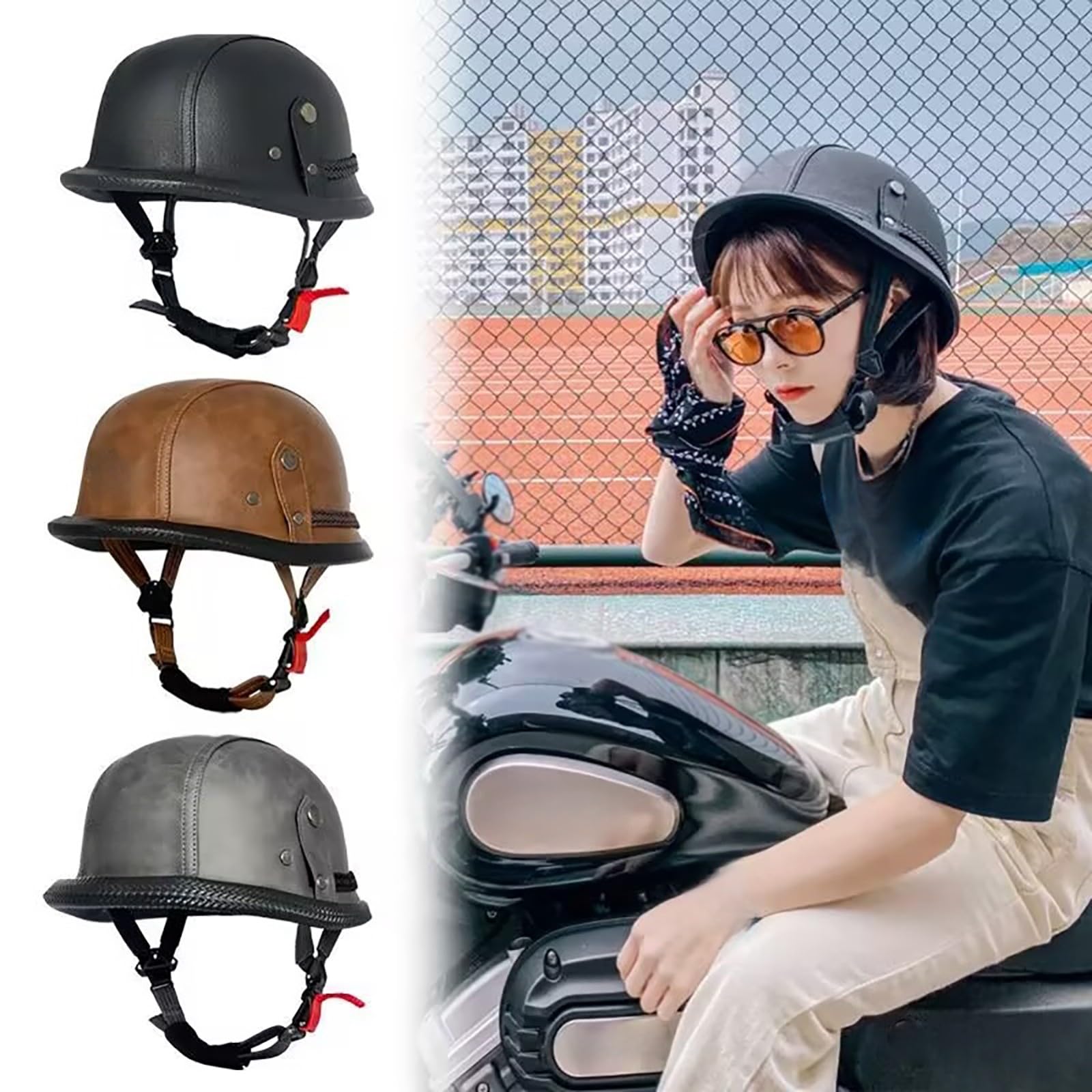 Skórzany kask motocyklowy vintage w stylu niemieckim, kask motocyklowy (półmodel) dla kobiet i mężczyzn, kask do skutera, choppera, motoroweru i cruiser, homologacji ECE 22.06