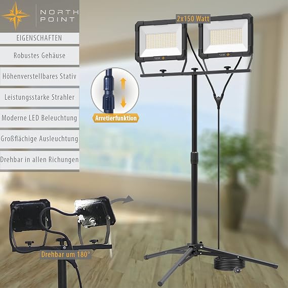 Northpoint LED Blackline Baustrahler Arbeitsstrahler mit Stativ Fluter Strahler 300W (2x 150W) Leistung 24000 Lumen Lichtstrom 170cm Stativ 5m Zuleitung AN/AUS Schalter
