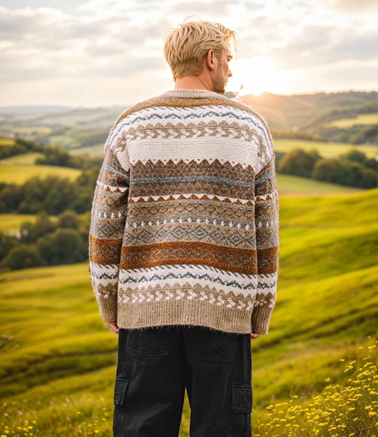 Mens Grandpa Sweater Vintage Aesthetic Knit Striped Casual Long Sleeve Pullovers Y2k Grunge Streetwear - Image 5