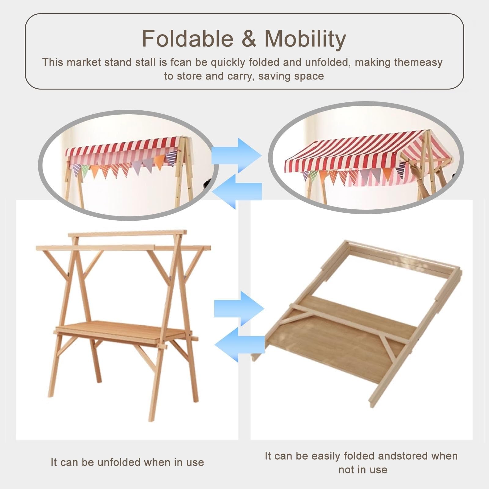 Carrello Pieghevole in Legno per Alimenti - Chiosco Commerciale per Hot Dog, Gelati e Snack - Stand Portatile per mercati, Eventi e fiere - Chiosco Versatile per la Vendita di Cibo