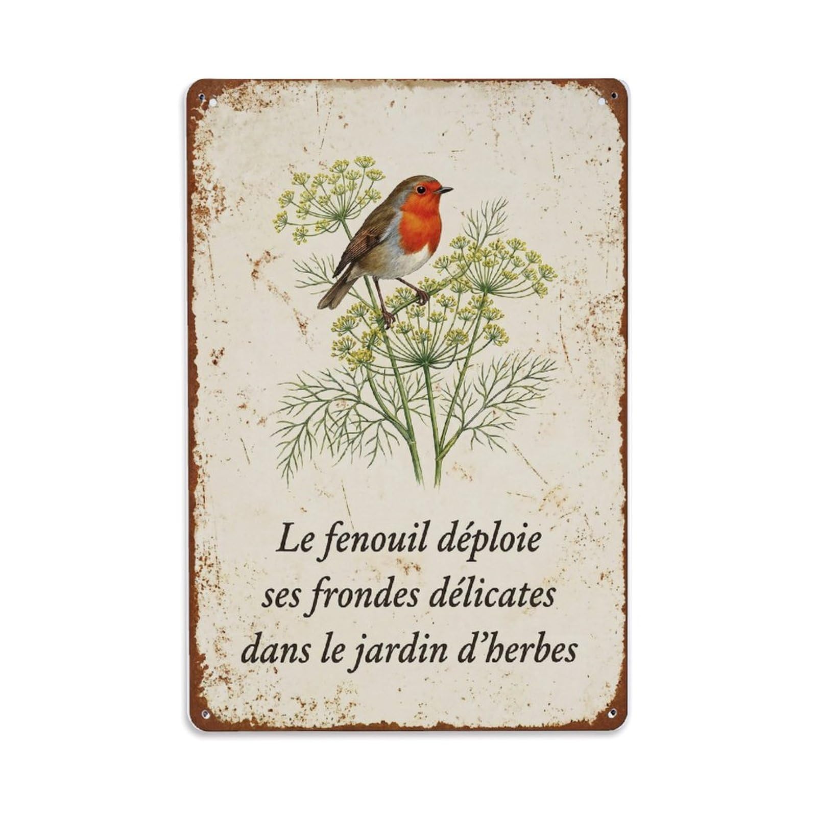Fqnyr Style Robin Bird Garden Quote Fennel Frond Metal Tin Sign Plaque Wall Decor For Cafe, Club Bar, Office, Home Garden Metal Poster 8X12inch
