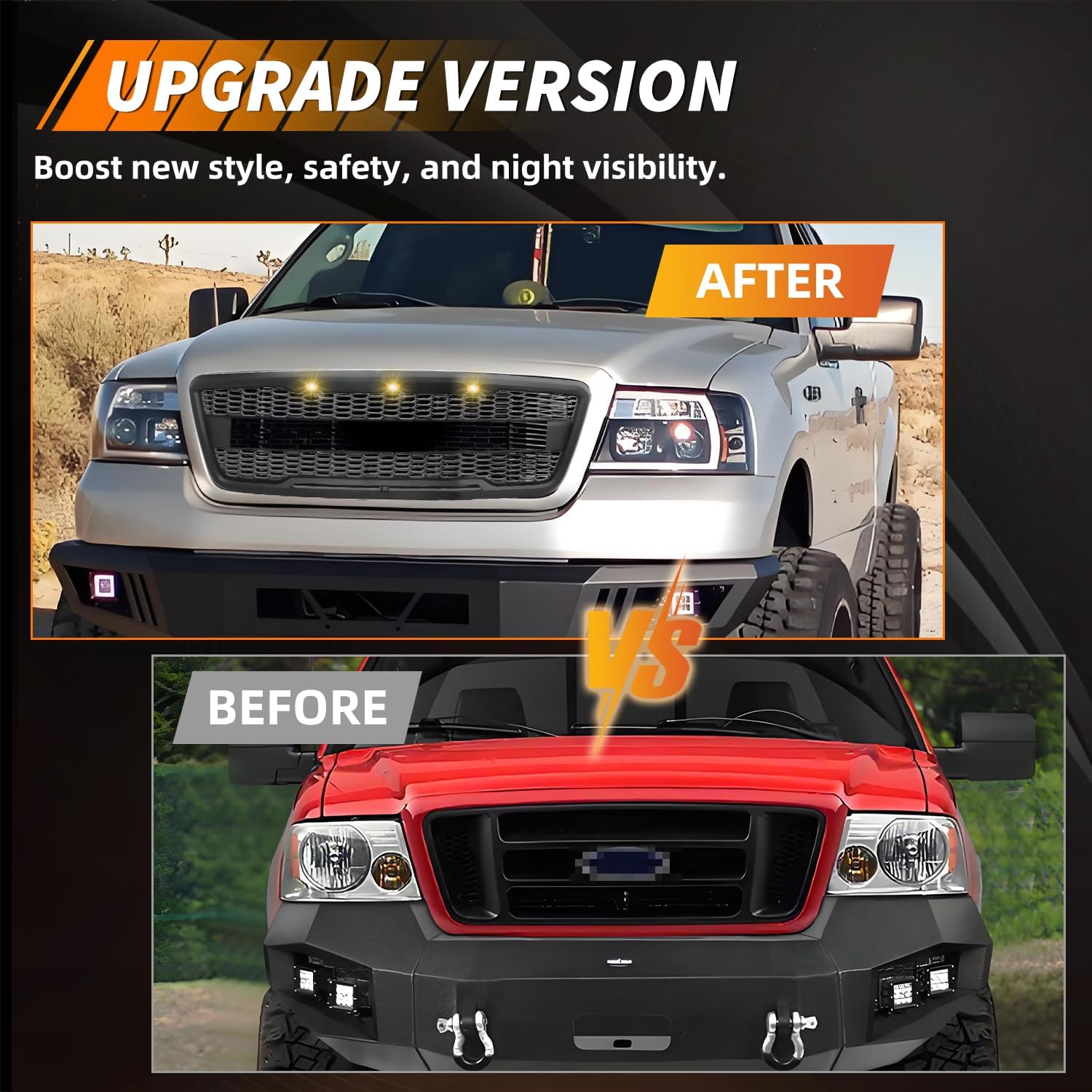 [Upgraded Version] Front Grille for F150 2004 2005 2006 2007 2008, [3 Amber LED Grill Lights] Front Bumper Grill, Bumper Hood Mesh Grille