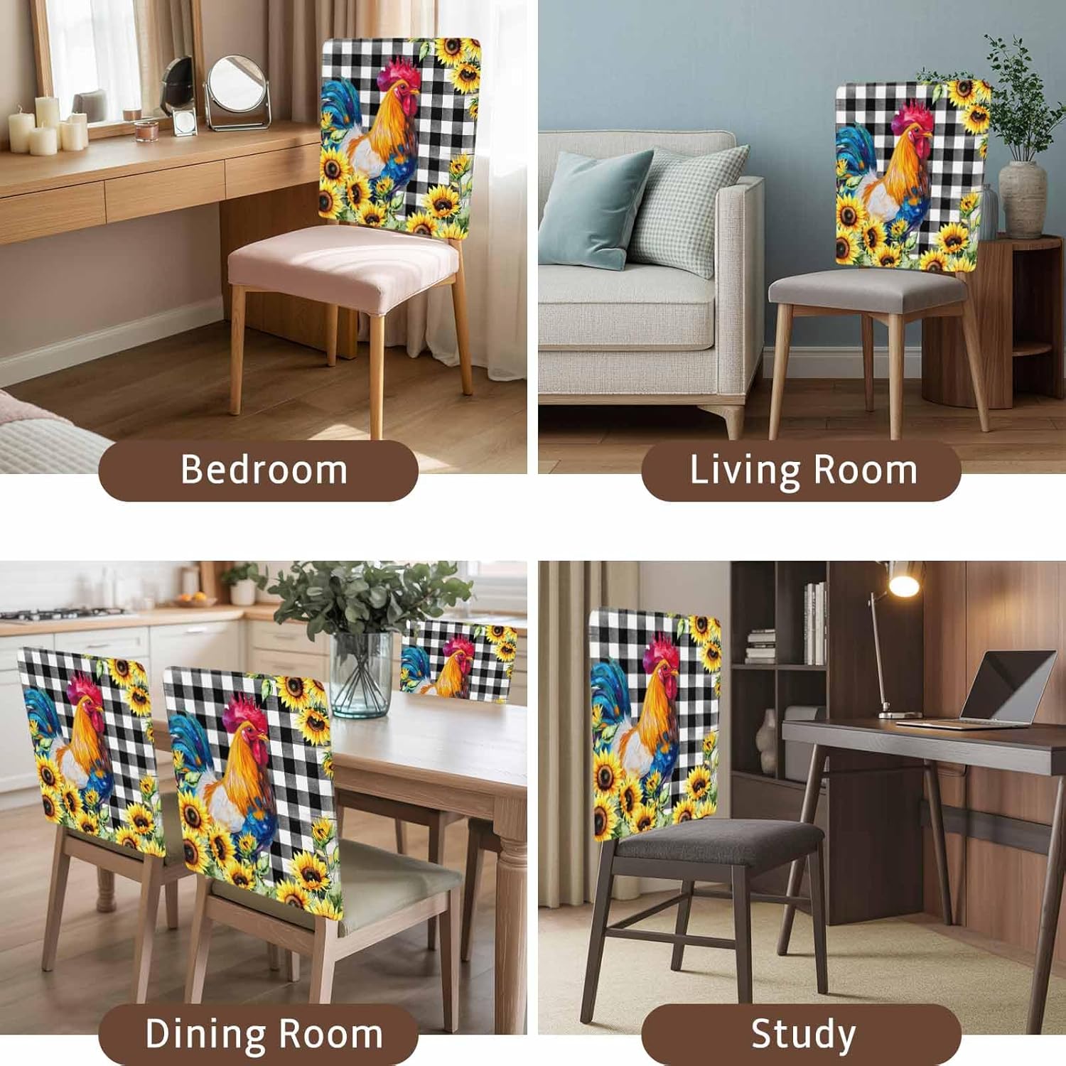 4 Pack Chair Back Covers, Watercolor Rustic Rooster Sunflower Dining Room Chair Cover Washable Chair Slipcover Back Chair Protector for Holiday Party Kitchen Home Black White Buffalo Check