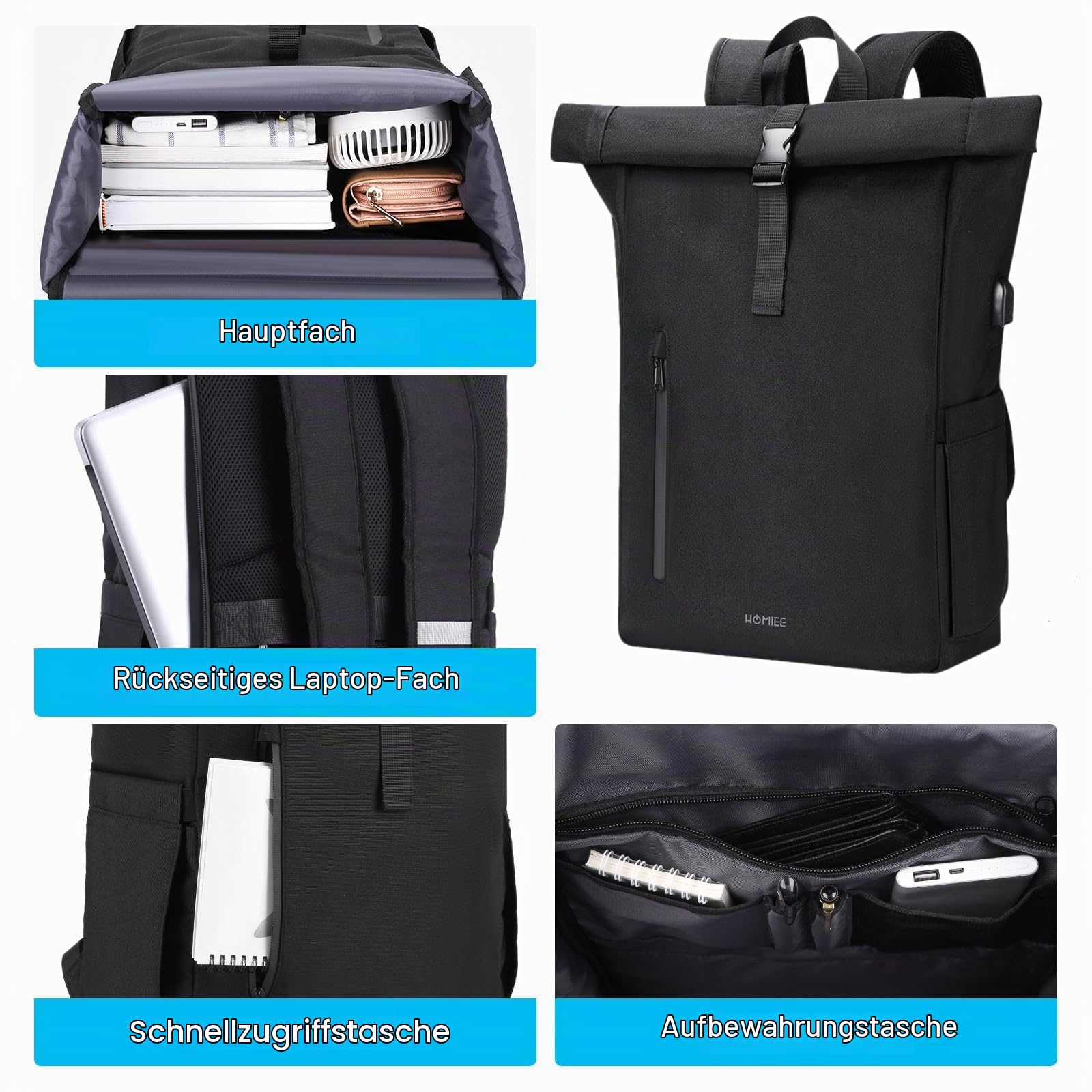 HOMIEE Rolltop Rucksack Herren Damen Groß Wasserdichter Laptop Rucksäcke 17.3 Zoll 30L Casual Rollrucksack Daypack Reiserucksack Handgepäck Flugzeug für Arbeit Reisen Radfahren Uni Travel Business